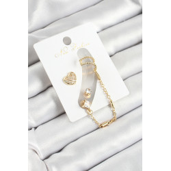 Pirinç Kalp Figürlü Zirkon Taşlı Gold Renk 3'lü Kıkırdak Kadın Küpe Set