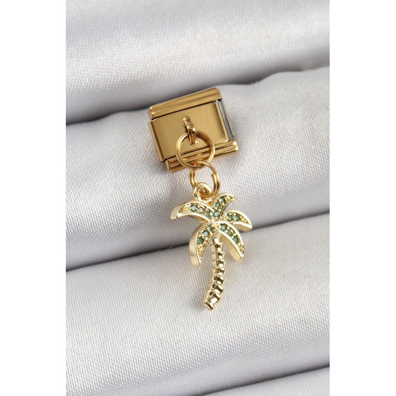 316L Çelik Sallantılı Zirkon Taşlı Palmiye Ağacı Model Gold Renk Nomination Charm