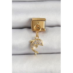316L Çelik Sallantılı Zirkon Taşlı Yunus Balığı Model Gold Renk Nomination Charm