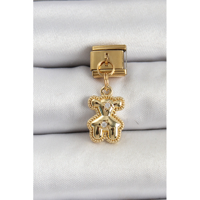 316L Çelik Sallantılı Zirkon Taşlı Ayıcık Model Gold Renk Nomination Charm