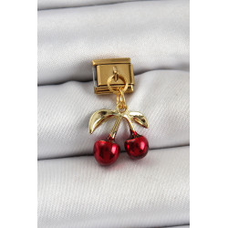 316L Çelik Sallantılı Kırmızı Kiraz Model Gold Renk Nomination Charm