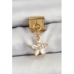 316L Çelik Sallantılı Zirkon Taşlı Çiçek Model Gold Renk Nomination Charm