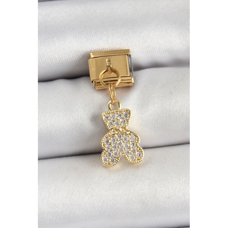 316L Çelik Sallantılı Zirkon Taşlı Ayıcık Model Gold Renk Nomination Charm