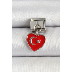 316L Çelik Gümüş Renk Kalp Türk Bayrağı Model Nomination Charm