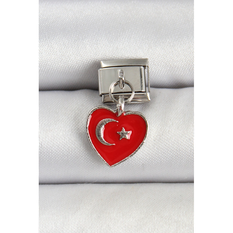 316L Çelik Gümüş Renk Kalp Türk Bayrağı Model Nomination Charm