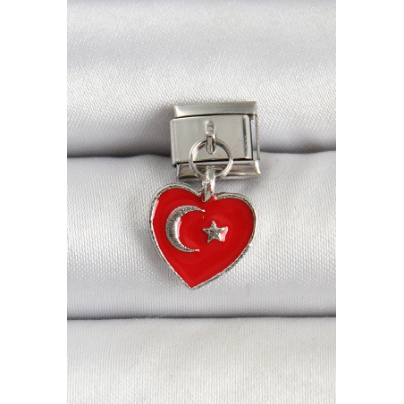 316L Çelik Gümüş Renk Kalp Türk Bayrağı Model Nomination Charm