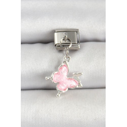 316L Çelik Gümüş Renk Pembe Kelebek Model Nomination Charm