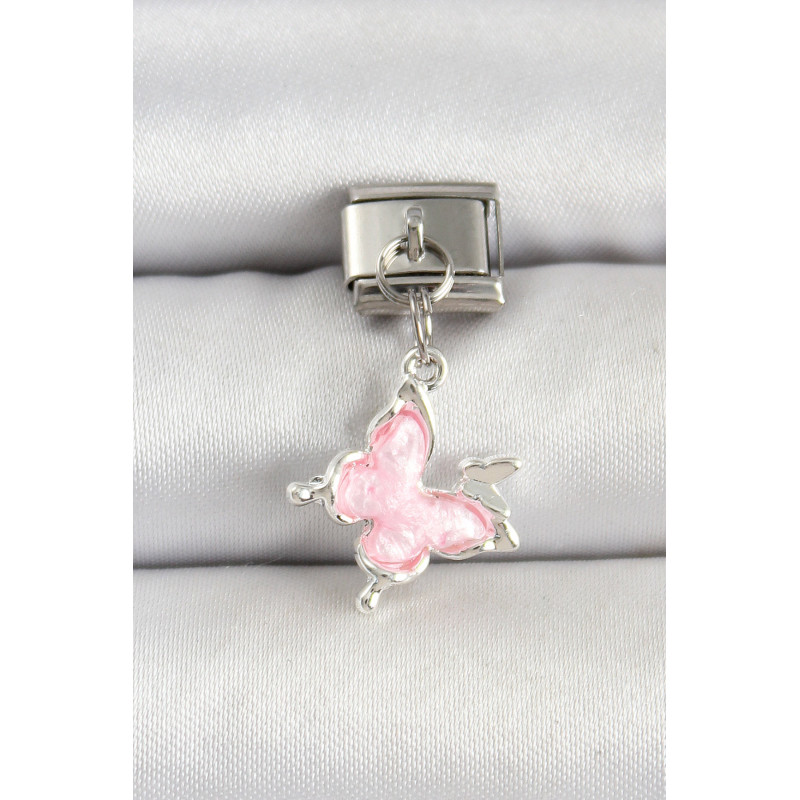 316L Çelik Gümüş Renk Pembe Kelebek Model Nomination Charm