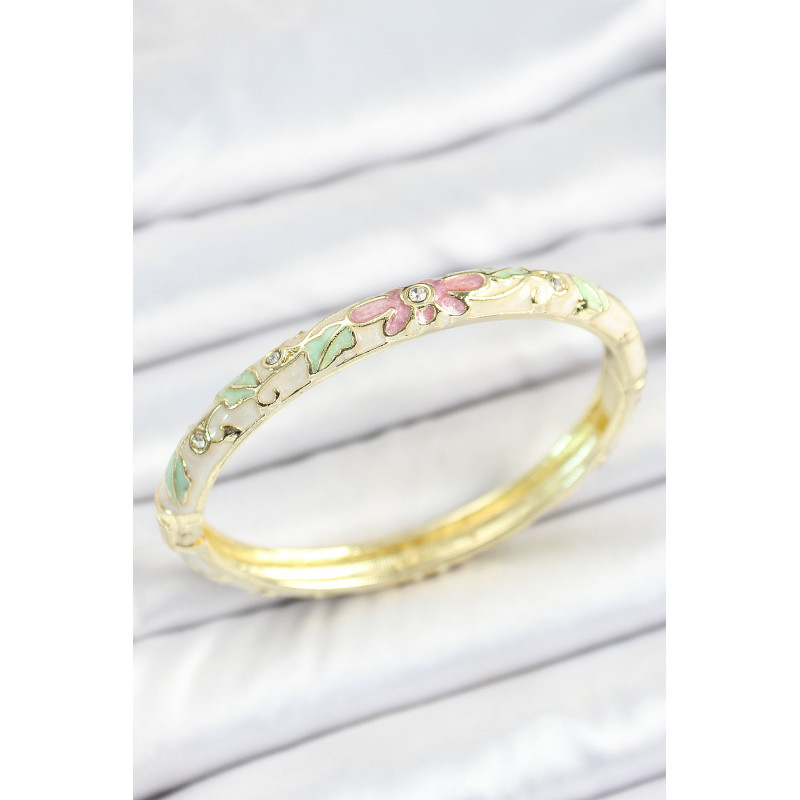 Mineli Pirinç Zirkon Taşlı Yeşil Pembe Çiçek Desenli Gold Renk Kadın Kelepçe