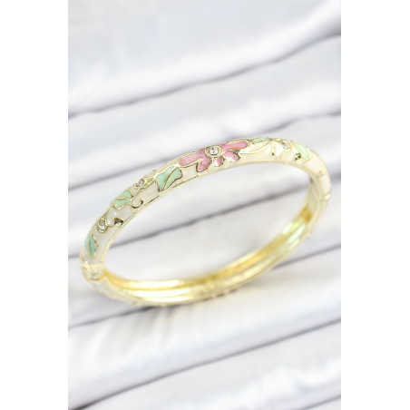 Mineli Pirinç Zirkon Taşlı Yeşil Pembe Çiçek Desenli Gold Renk Kadın Kelepçe