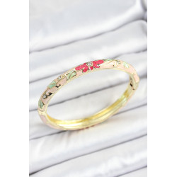 Mineli Pirinç Zirkon Taşlı Yeşil Pembe Çiçek Desenli Gold Renk Kadın Kelepçe
