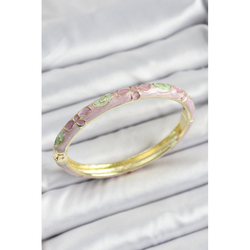 Mineli Gold Renk Pirinç Pembe Çiçek Desenli Kadın Kelepçe