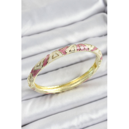 Mineli Pirinç Gold Renk Beyaz ve Pembe Geometrik Desenli Kadın Kelepçe