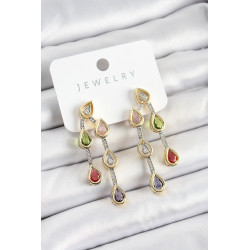 Pirinç Çoklu Damla Model Karşık Zirkon Taşlı Gold Ve Gümüş Renk Kadın Küpe