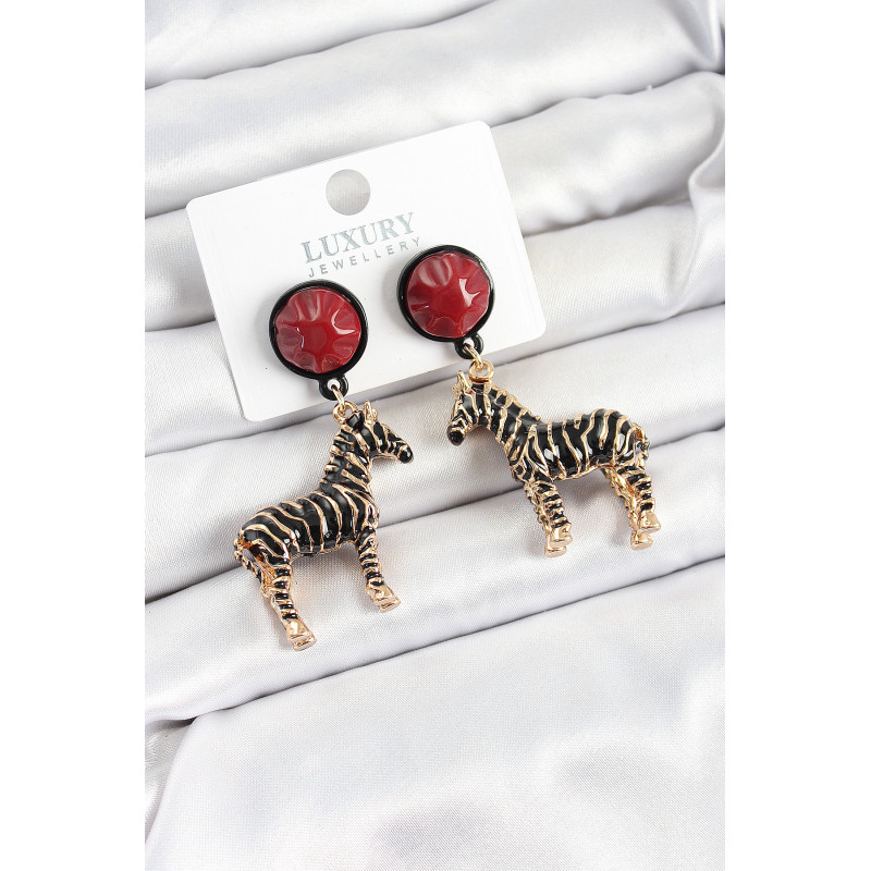 Pirinç Bordo Sallantılı 3D Zebra Model Gold Renk Kadın Küpe