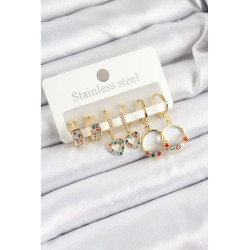 Pirinç Zirkon Taşlı Kalp Ve Halka Model Gold Renk 6'lı Set Kadın Küpe