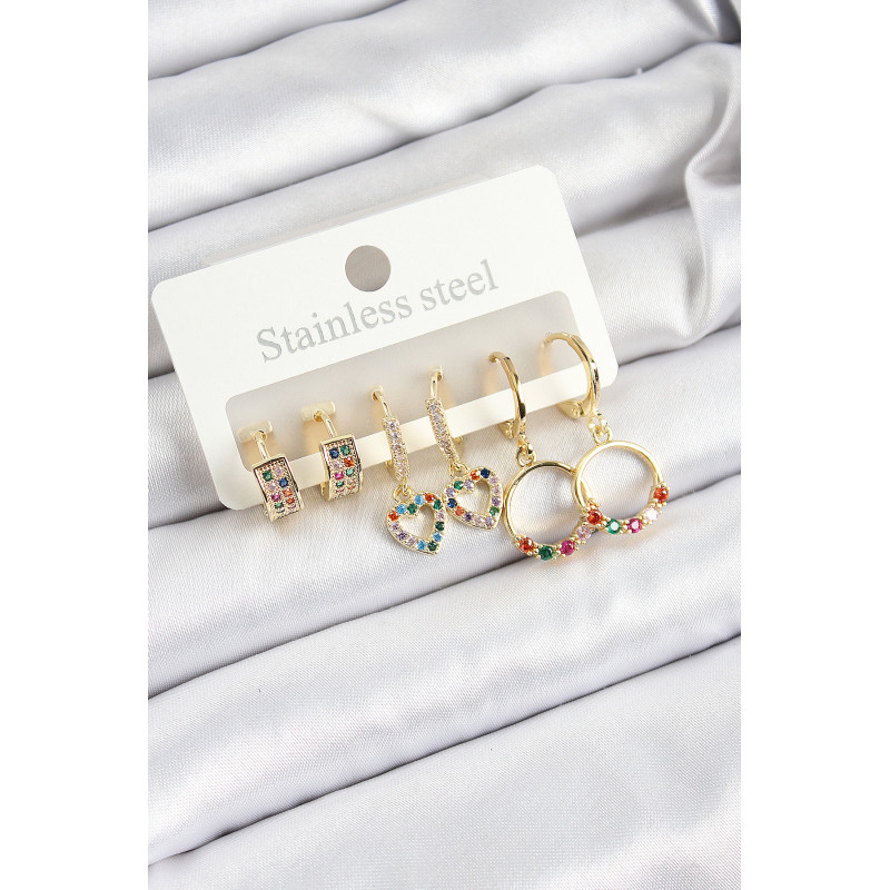 Pirinç Zirkon Taşlı Kalp Ve Halka Model Gold Renk 6'lı Set Kadın Küpe