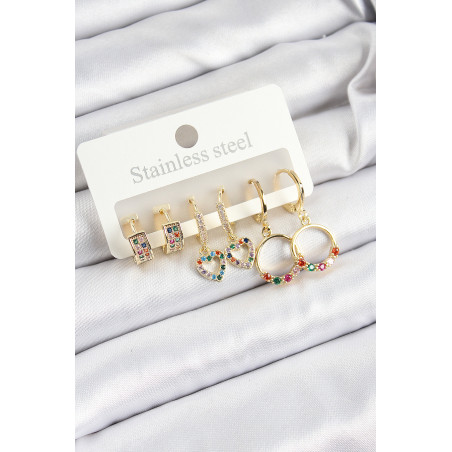 Pirinç Zirkon Taşlı Kalp Ve Halka Model Gold Renk 6'lı Set Kadın Küpe