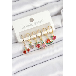 Pirinç Zirkon Taşlı Meyve Temalı Karışık Model Gold Renk 6'lı Set Kadın Küpe