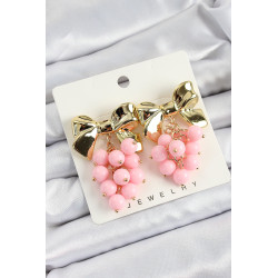 Pirinç Sallantılı Pembe Boncuklu Fiyonk Vintage Model Gold Renk Kadın Küpe