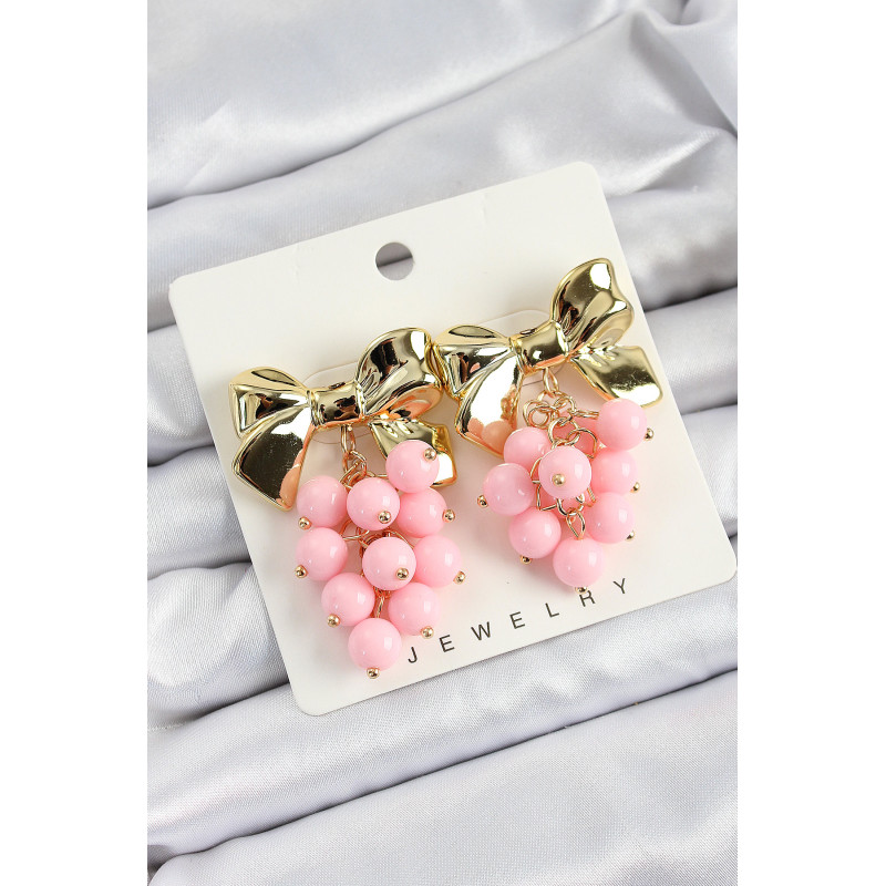 Pirinç Sallantılı Pembe Boncuklu Fiyonk Vintage Model Gold Renk Kadın Küpe