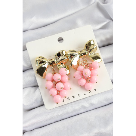 Pirinç Sallantılı Pembe Boncuklu Fiyonk Vintage Model Gold Renk Kadın Küpe