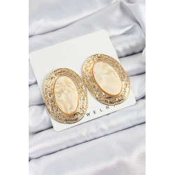 Pirinç Mermer Desenlli Bej Sedef Oval Vintage Model Gold Renk Kadın Küpe