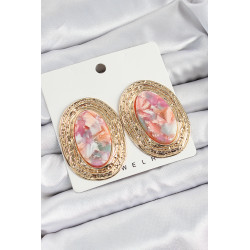 Pirinç Mermer Desenlli Pembe Sedef Oval Vintage Model Gold Renk Kadın Küpe